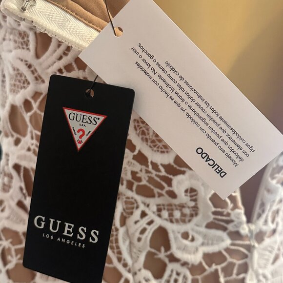Guess Sleeveless White Floral Lace Bodycon Mini Dress Spaghetti Strap Tan Slip S - Picture 11 of 11